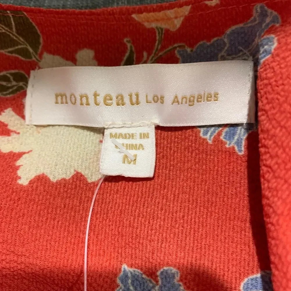 New monteau blouse sleeveless faux wrap orange floral side tie top shirt size‎ M